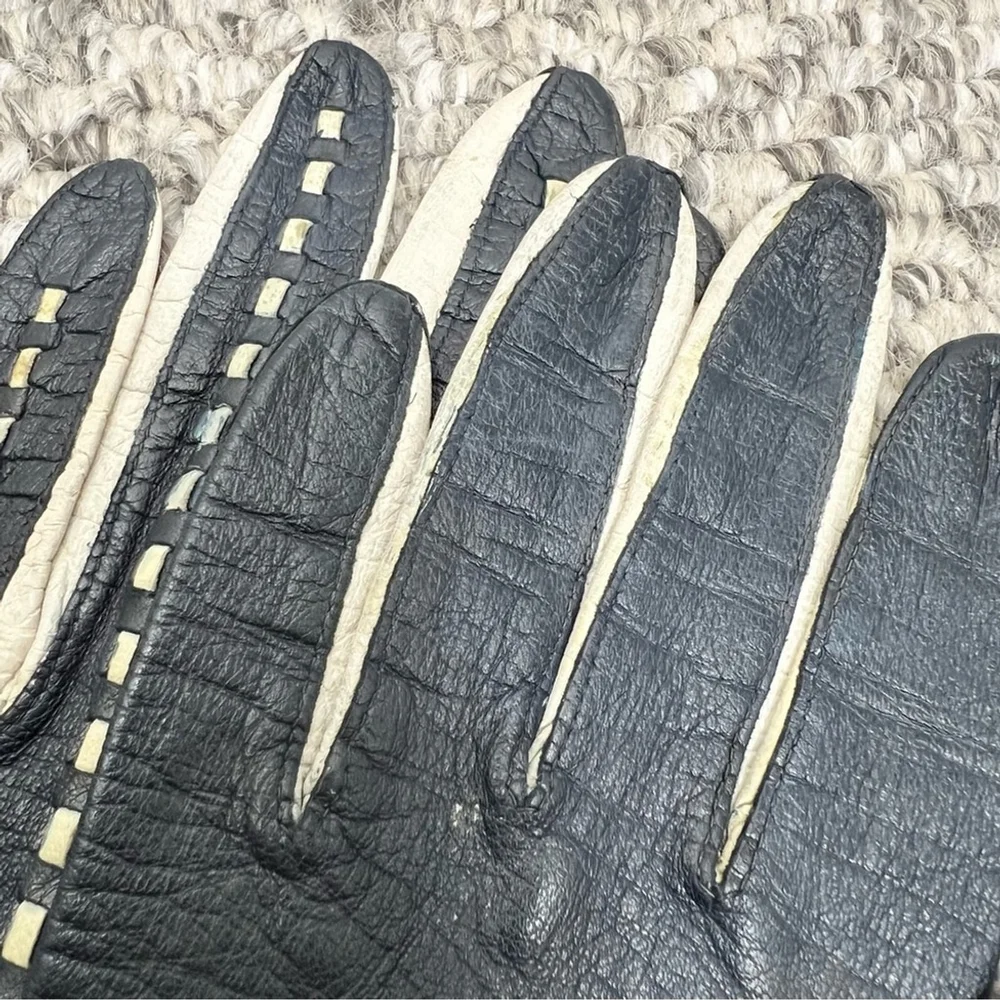 Vintage mid-century Morgan's blue white woven Italian leather driving gloves 6